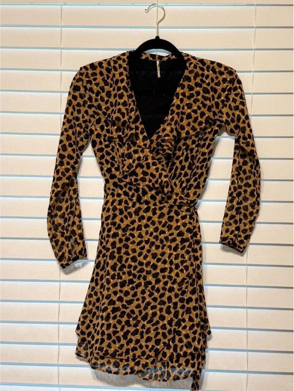 Women's Free People XS Gold and Black Leopard Print Mini Wrap Dress